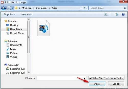 Mở video cần mã hóa