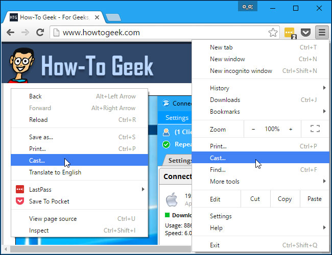 Chọn Cast để truyền từ Chrome