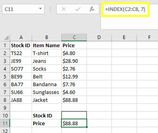 Cách sử dụng hàm INDEX