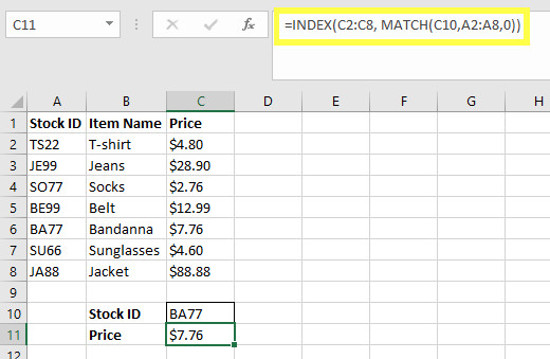 Cách kết hợp hàm INDEX và hàm MATCH