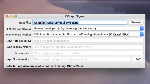 Nhập thông tin cho iOS App Signer