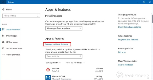 Nhấn vào liên kết Manage optional features