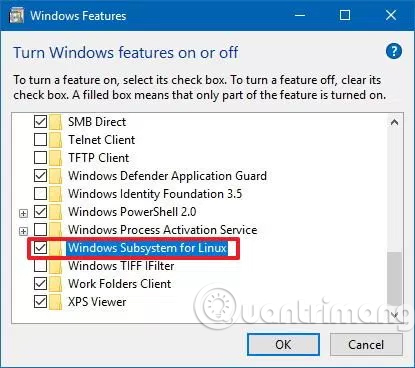Chọn tùy chọn Windows Subsystem for Linux