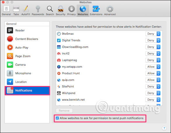 Tắt thông báo trên Safari