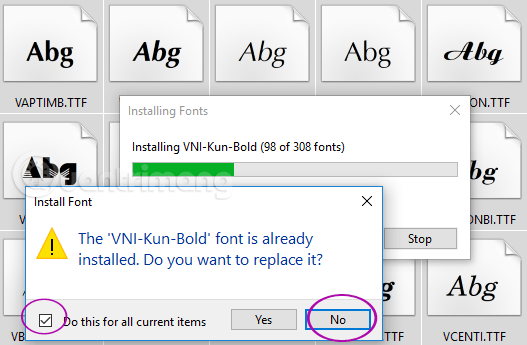 Bỏ chọn cài font đã có trên máy