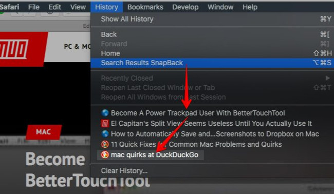 Nhấp vào History > Search Results SnapBack