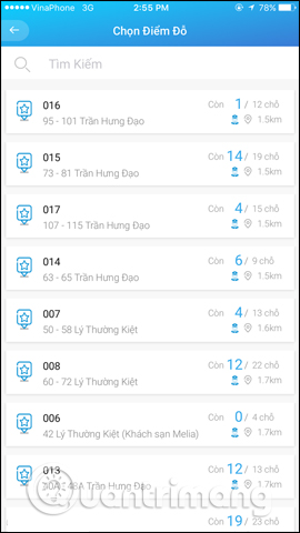 Danh sách điểm đỗ xe