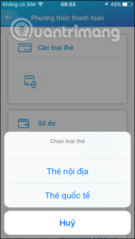 Chọn loại thẻ thanh toán 