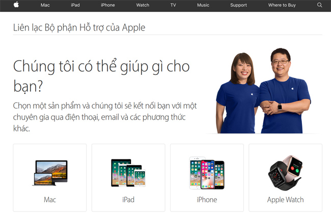 Giao diện trang hỗ trợ Apple bằng tiếng Việt