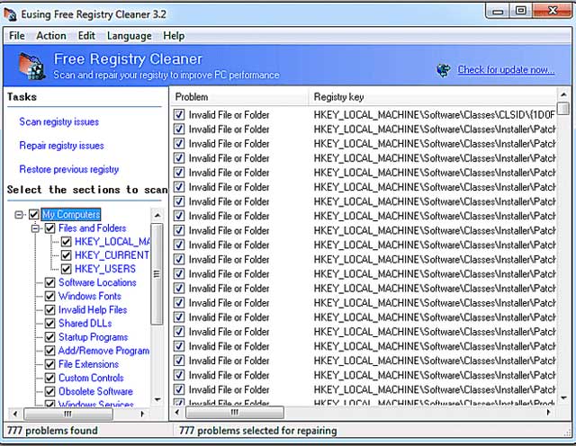 Phần mềm Eusing Free Registry Cleaner