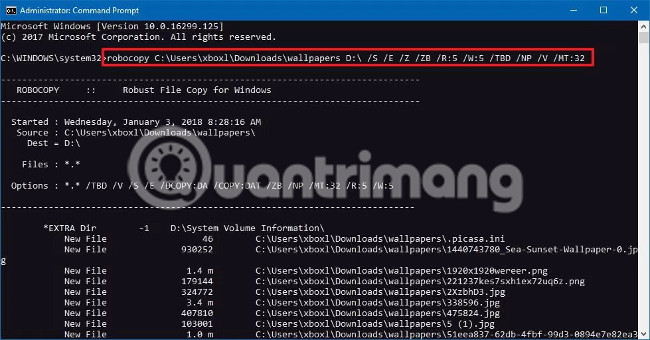 Sử dụng tính năng Robocopy đa luồng để tăng tốc độ sao chép file trên Windows 10