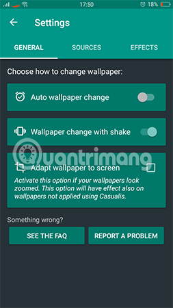 Chọn Wallpapper change with shake trong mục General.