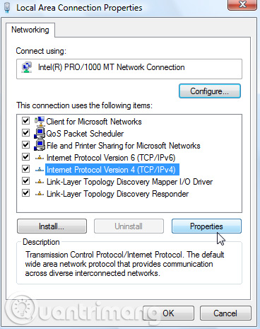 Chọn Internet Protocol Version 4 trên Windows Vista