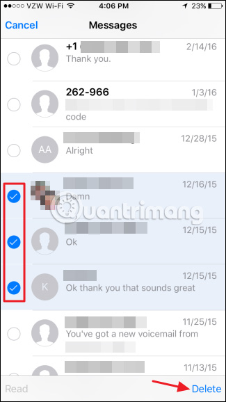 Chọn tin nhắn bạn muốn xóa