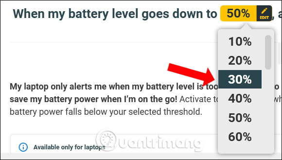 Thay đổi thông báo phần trăm pin