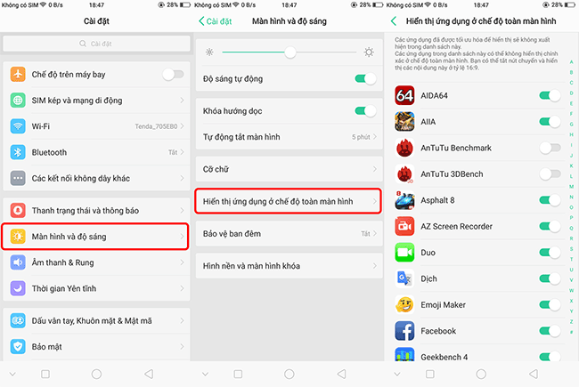 Hiển thị ứng dụng toàn màn hình.