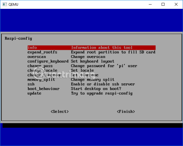 Giao diện cấu hình Raspberry Pi trên QEMU