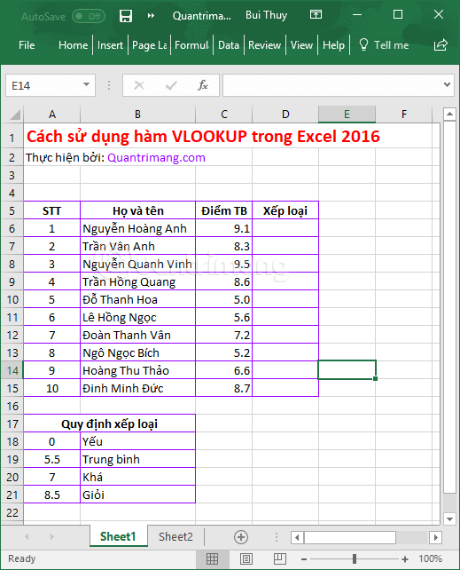 Nhập công thức VLOOKUP để xếp loại học sinh