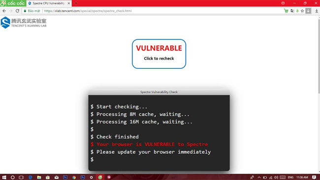 Nếu trên màn hình xuất hiện dòng chữ màu đỏ nghĩa là trình duyệt của bạn bị ảnh hưởng bởi Spectre