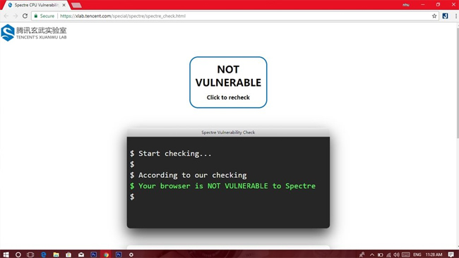 Nếu trên màn hình xuất hiện dòng chữ màu đỏ nghĩa là trình duyệt của bạn bị ảnh hưởng bởi Spectre