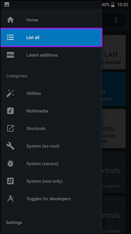 Mở danh sách các tùy chỉnh
