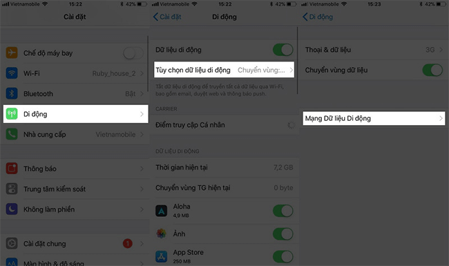 Bạn truy cập vào Cài đặt > Di động > Tùy chọn dữ liệu di động > Mạng dữ liệu di động.