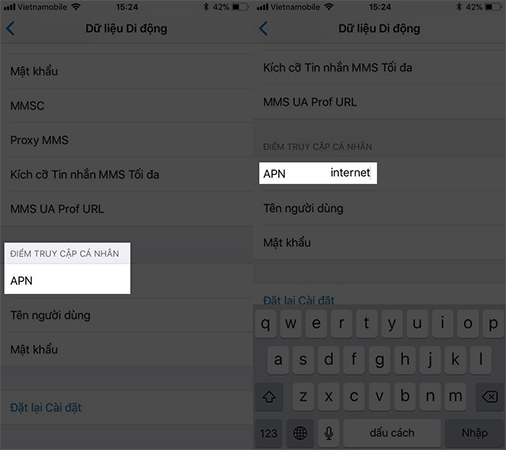 Tại Điểm truy cập cá nhân hãy nhấp chọn APN.