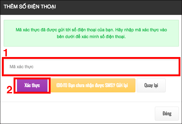 Nhập mã xác thực số điện thoại
