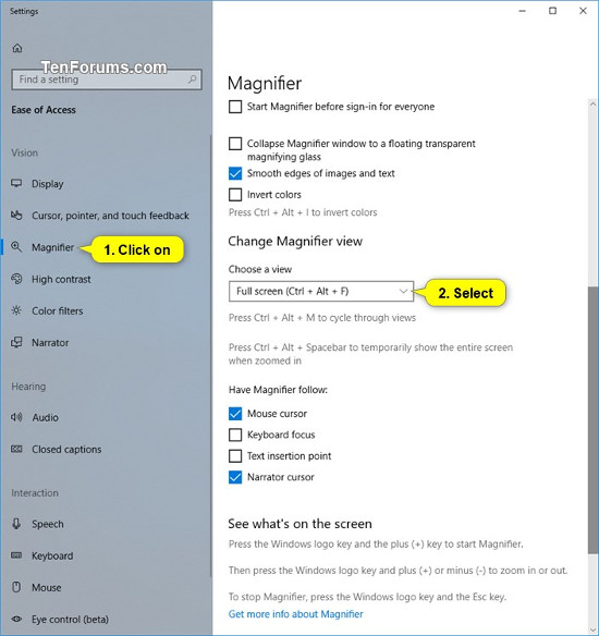 Nhấp vào Magnifier ở phía bên trái > chọn chế độ Full Screen.