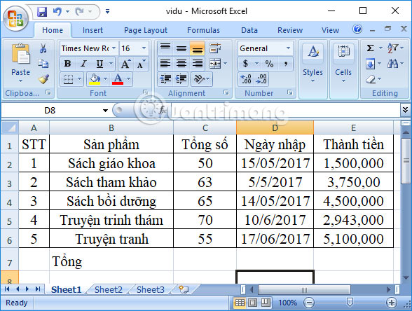Bảng dữ liệu Excel