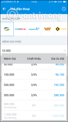 Mệnh giá thẻ nạp