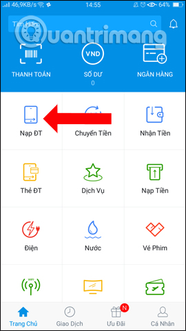 Tính năng nạp tiền điện thoại