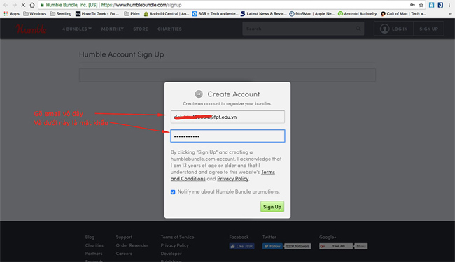 Nhập email để đăng ký tài khoản Humble Bundle