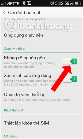 Cho phép cài ứng dụng bên ngoài 