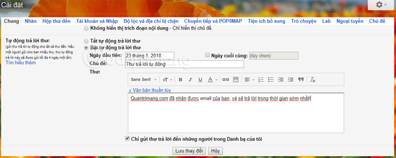 Thiết lập tự động trả lời thư trong Gmail
