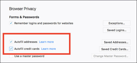 Bật/tắt tính năng tự động điền thông tin thẻ tín dụng trên Firefox