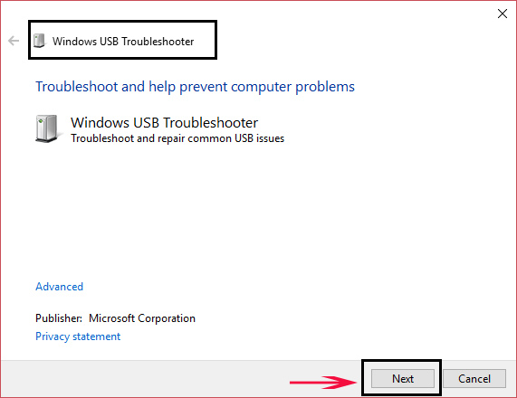 Giao diện Windows USB Troubleshooter