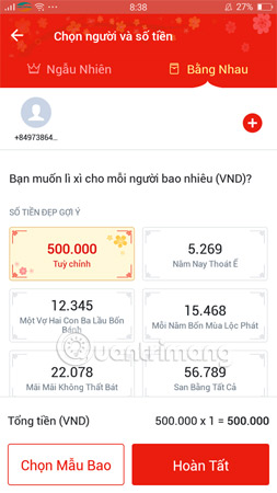 Nhấn hoàn tất để gửi lì xì.