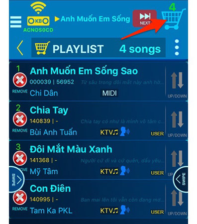 Xem danh sách bài hát đã chọn.