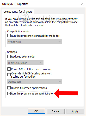 Chạy Unikey dưới quyền Admin 