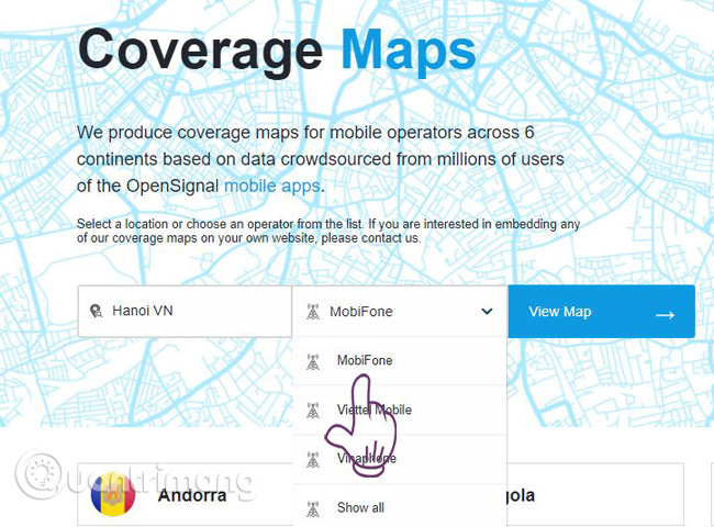 Chọn nhà mạng muốn kiểm tra.