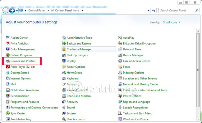 Tìm đến mục Devices and Printers.