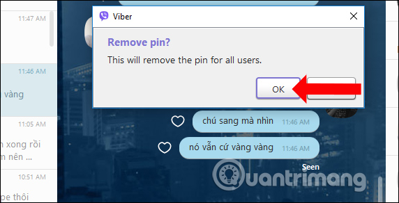 Đồng ý xóa tin nhắn Viber đã ghim