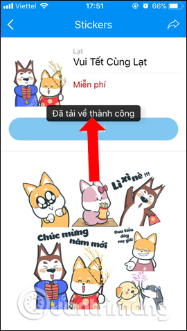 Thông báo tải sticker