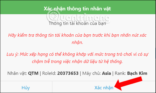 Xác nhận thông tin nhân vật