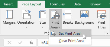 Nhấp vào tab Page Layout, chọn lệnh Print Area, sau đó chọn Set Print Area