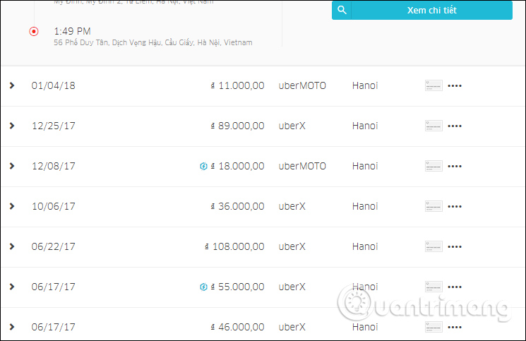 Danh sách các chuyến đi Uber