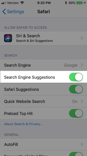 Tắt gợi ý tìm kiếm trên Safari