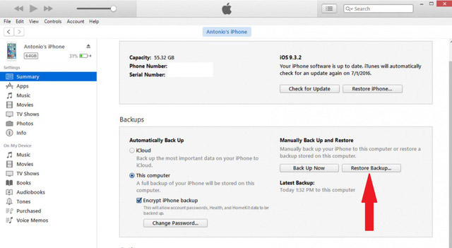 Chọn Restore Backup.