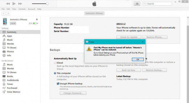 Tắt tính năng Find my iPhone.
